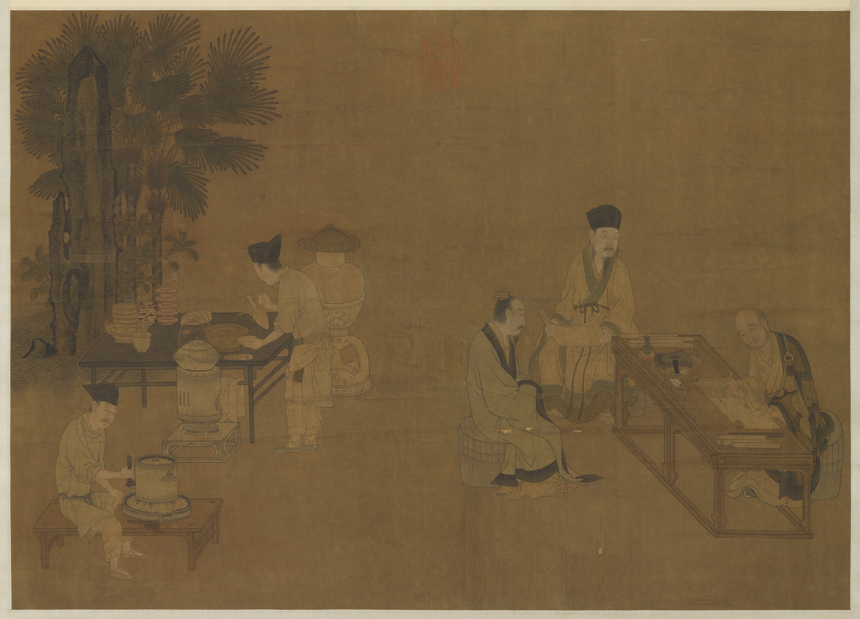 Scène de service du thé Song du Sud — un calligraphe assis à droite, deux serviteurs à gauche autour d'une table laquée chargée de bols à thé blancs.